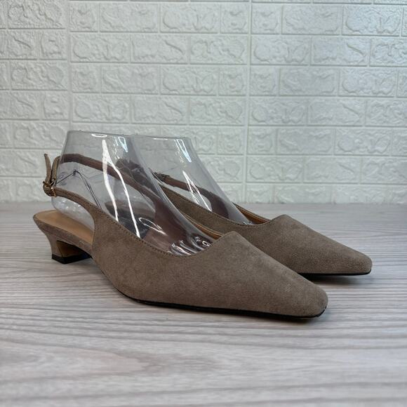 Torgeis Bernadette Slingback Heels WMNS 11 Taupe Cotton Pointed Toe Kitten Heels - Picture 2 of 10